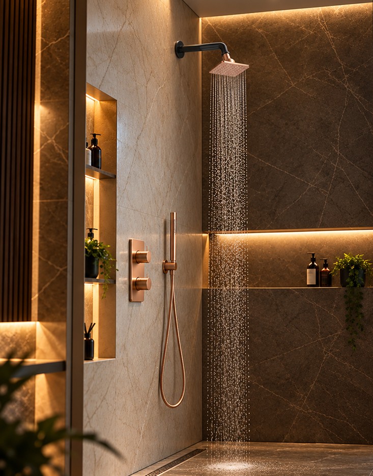 Moho copper rain shower and hand shower in a stone-clad bathroom
